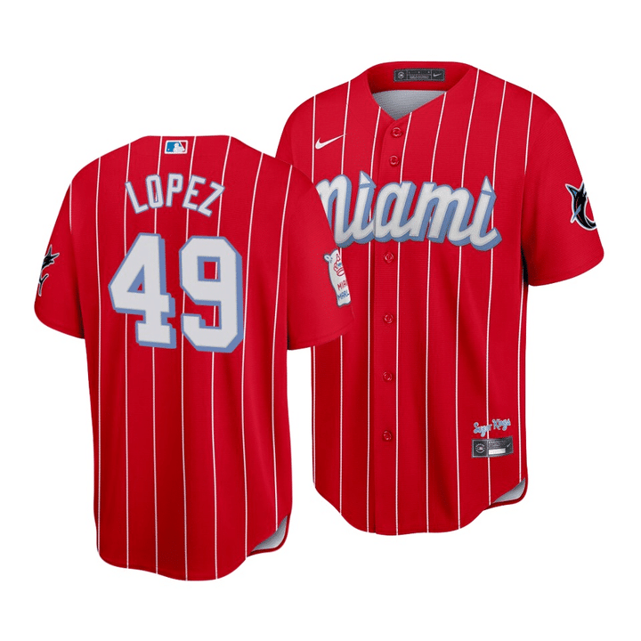 Men's Miami Marlins Pablo Lopez #49 Red MLB 2021 City Connect Replica Stitched Jersey Men's Miami Marlins Pablo Lopez #49 Red MLB 2021 City Connect Replica Stitched Jersey